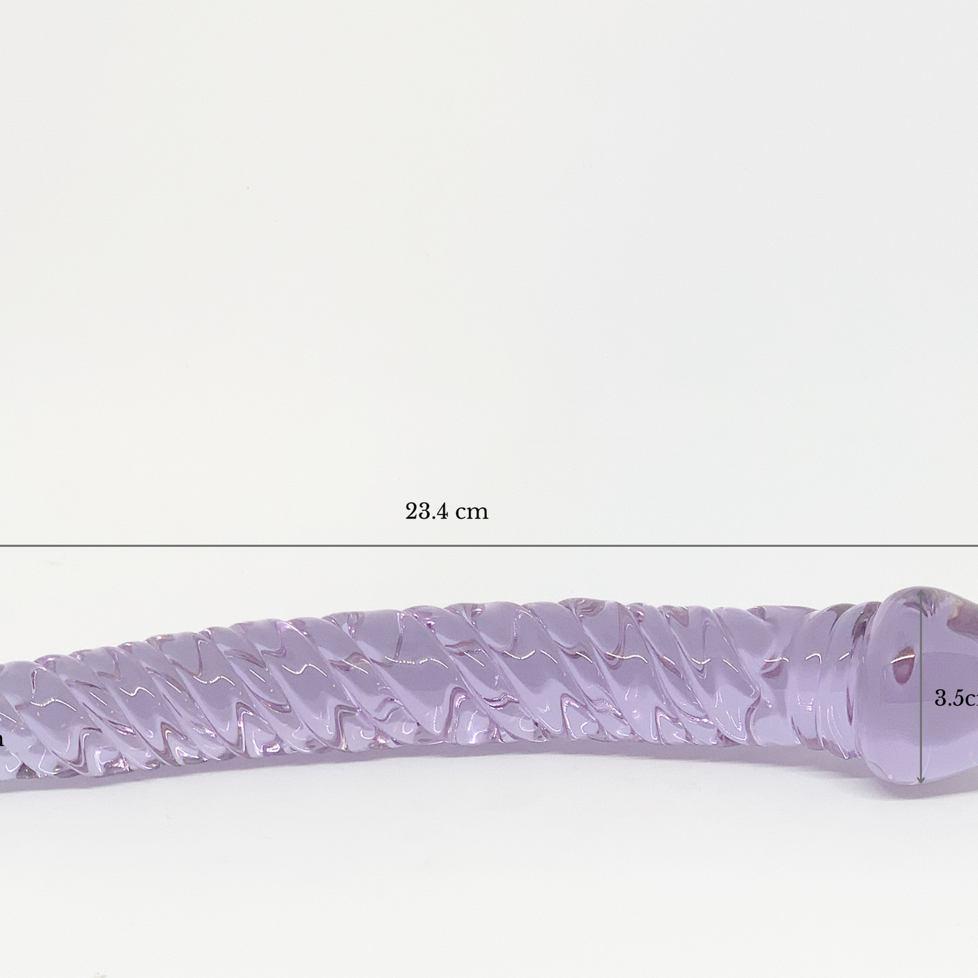 Curved purple glass ridged pleasure wand with thicker Fallic head and tapered end. Pictured on white background with dimensions labeled.