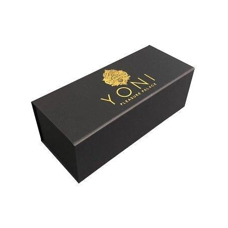 Black box packaging with gold branding on white background.