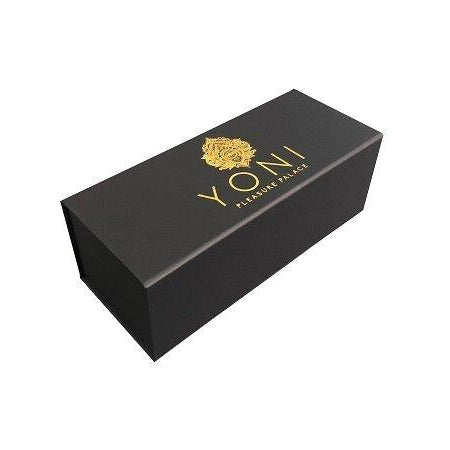 Black box packaging with gold branding on white background.