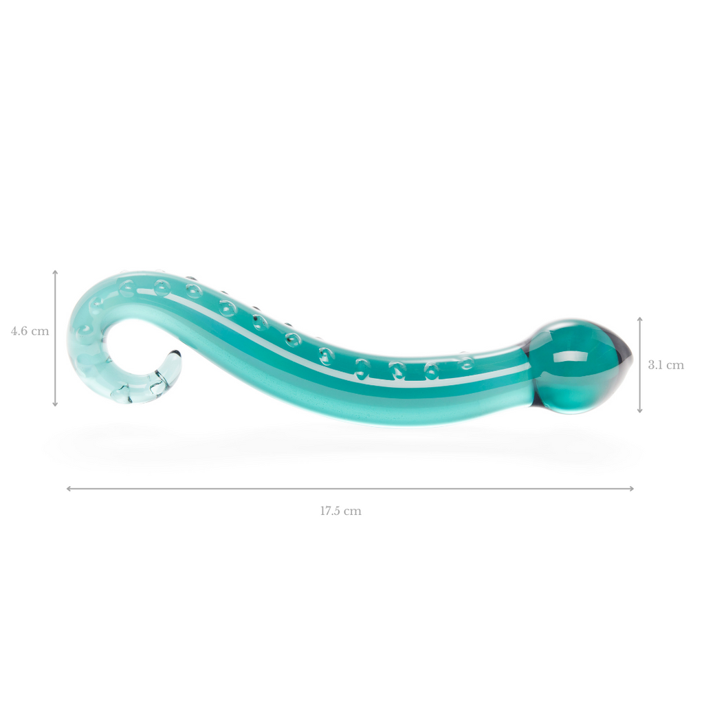 Dark green coloured glass pleasure wand (Octopussy). Pictured on white background with dimensions/measurements labelled.