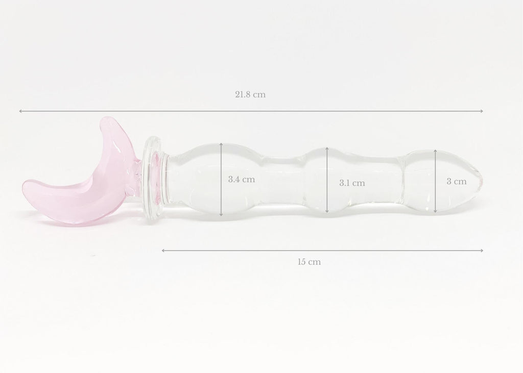 Rippled clear glass pleasure wand with pink moon handle. Pictured on white background with dimensions labeled.