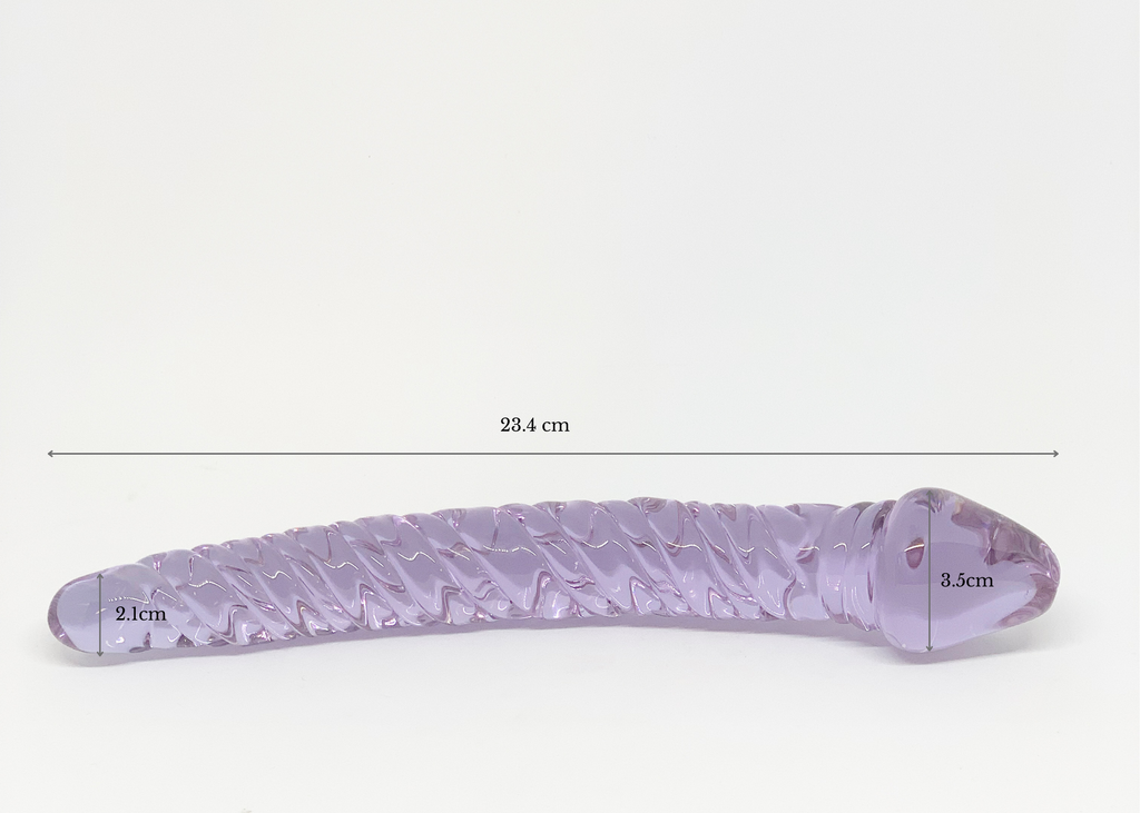 Curved purple glass ridged pleasure wand with thicker Fallic head and tapered end.  Pictured on white background with dimensions labeled.