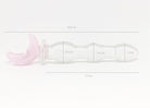 Rippled clear glass pleasure wand with pink moon handle. Pictured on white background with dimensions labeled.