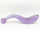 Pussy paddle thick curved pleasure wand in lilac. Pictured on white background with dimensions labeled.